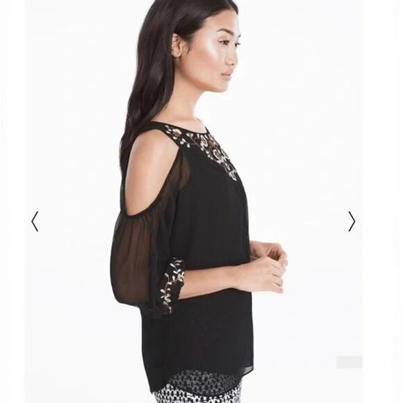 White‎ House Black Market WHBM Cold Shoulder Embroided Floral Blouse Size M - Picture 4 of 6